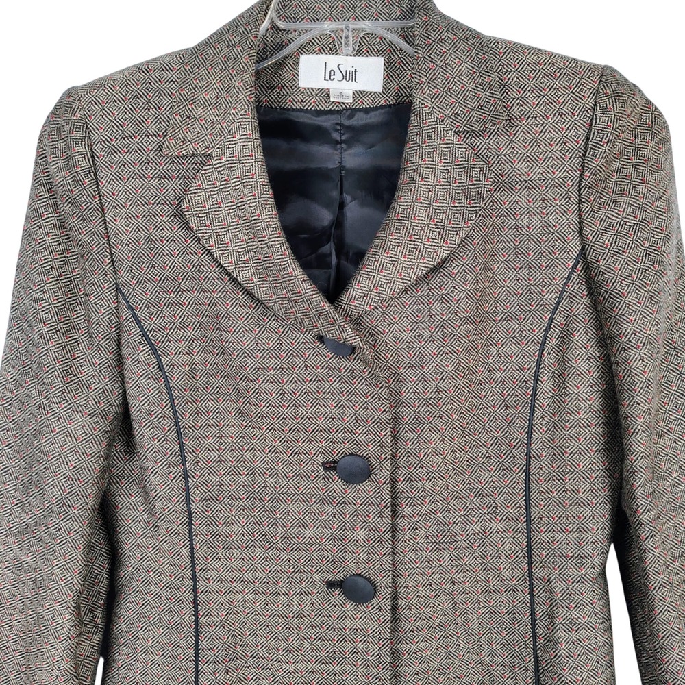 Le‎ Suit Womens SZ 6 Blazer Brown Geometric Diamond Pattern Dark Academia Office